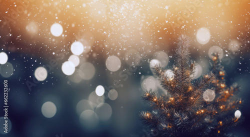 Christmas tree outdoor with snow  lights bokeh around  and snow falling  Christmas atmosphere with copy space. Christmas theme  sales  space for your holiday text.