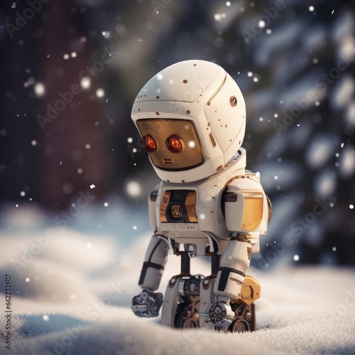 Little robot outdoors in winter