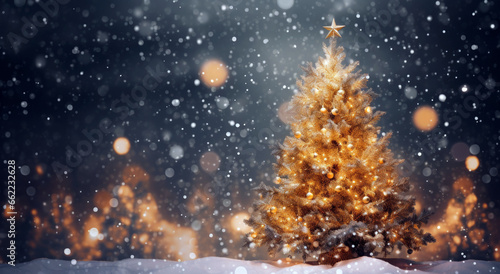 Christmas tree outdoor with snow, lights bokeh around, and snow falling, Christmas atmosphere with copy space. Christmas theme, sales, space for your holiday text. © Danny