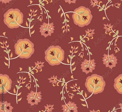 Digital Ajrakh seamless pattern block print in floral paisley motifs