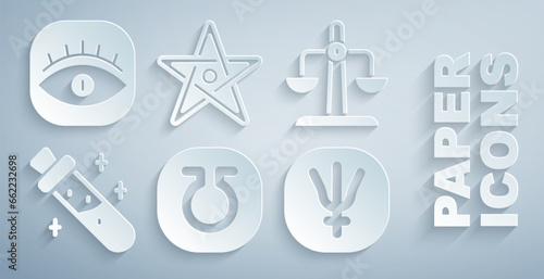 Set Life, Libra zodiac, Bottle with potion, Neptune planet, Pentagram and Masons icon. Vector