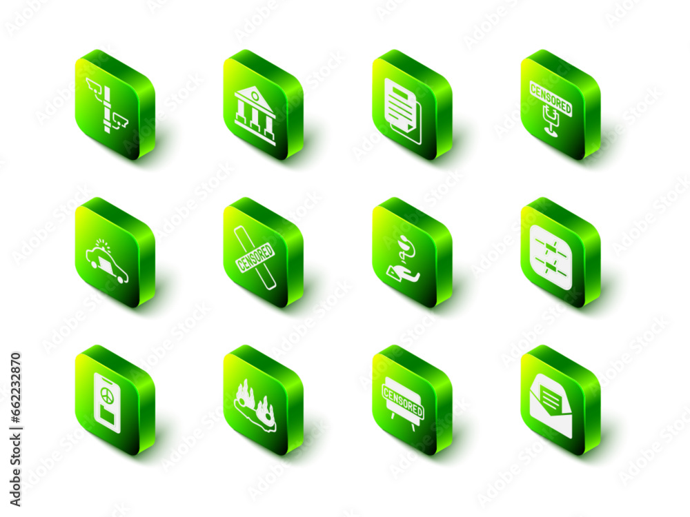 Set Courthouse building, Document, Censored stamp, Barbed wire, Mail and e-mail, Caduceus snake medical, and Burning car icon. Vector Set Courthouse building, Document, Censored stamp, Barbed wire, Mail and e-mail, Caduceus snake medical, and Burning car icon. Vector
