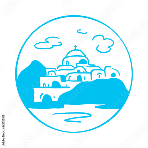 Santorini island, Greece. Beautiful traditional white architecture and Greek Orthodox churches with blue domes over the Aegean Sea caldera. Logo, emblem
