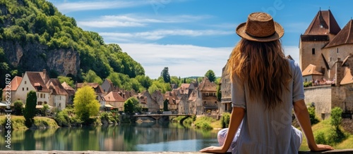 Joyful woman exploring the stunning village of Saint Cirq Lapopie in Lot Occitanie one of France s most beautiful villages With copyspace for text photo