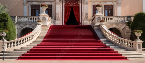 Marble stairs lead to a historic hotel with a red carpet entrance With copyspace for text