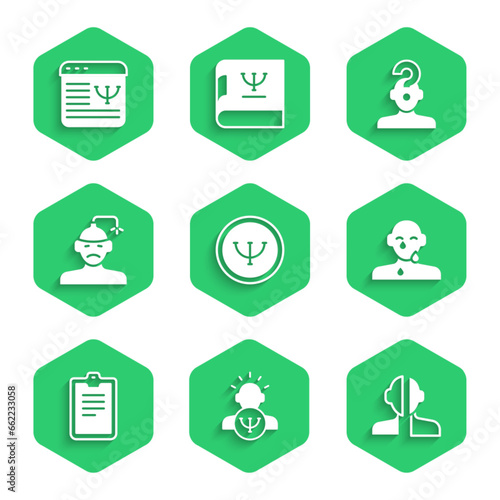 Set Psychology, Bipolar disorder, Tear cry eye, Psychological test, Concussion, headache, Human with question mark and Online psychological counseling icon. Vector