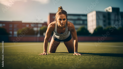 Une fille en train de faire des exercices après une séance de sport intense sur la pelouse d'un stade. photo