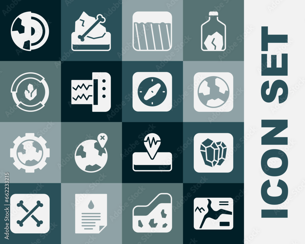 Set Topographic map, Gem stone, Earth globe, Ground, Seismograph, Soil analysis, core structure crust and Compass icon. Vector Set Topographic map, Gem stone, Earth globe, Ground, Seismograph, Soil analysis, core structure crust and Compass icon. Vector