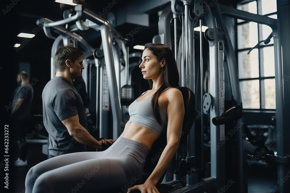A man and a woman play sports in the gym with a personal trainer