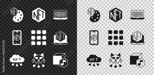 Set NFT Digital crypto art, Binary code, cloud, Mobile with store app and blockchain technology icon. Vector