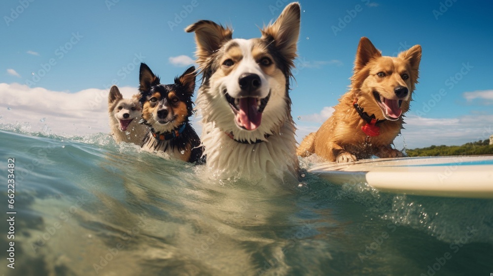 Cute dogs in the shallow water having fun on hildays