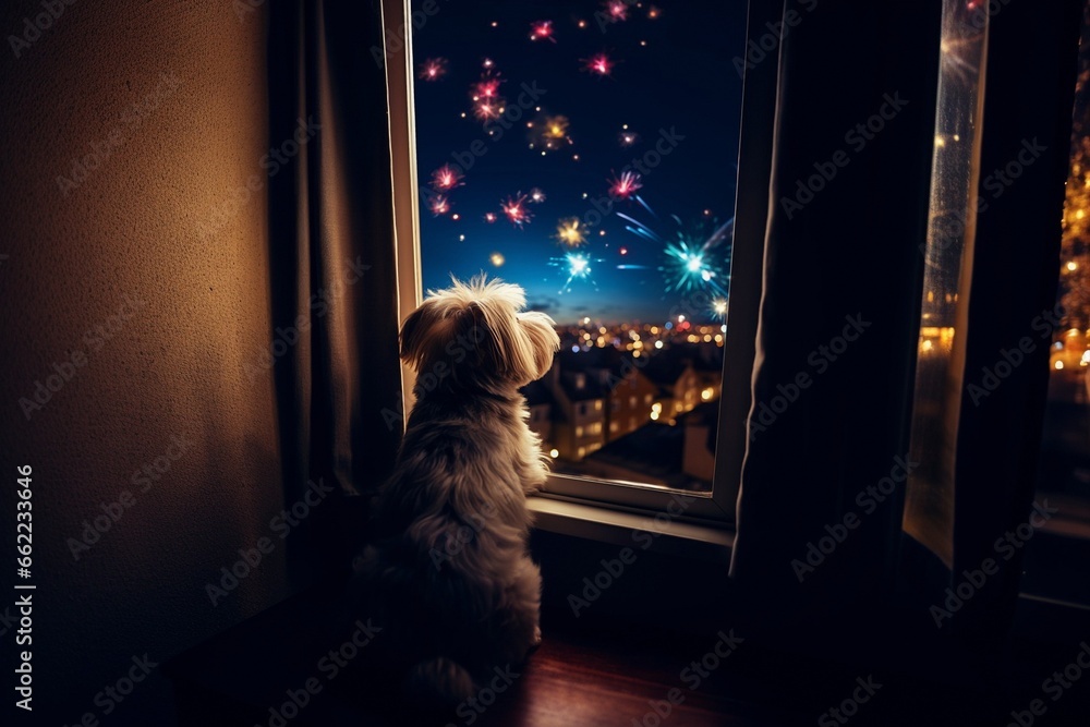 Dog looking out of a window to a nightly sky Dog looking out of a window to a nightly sky