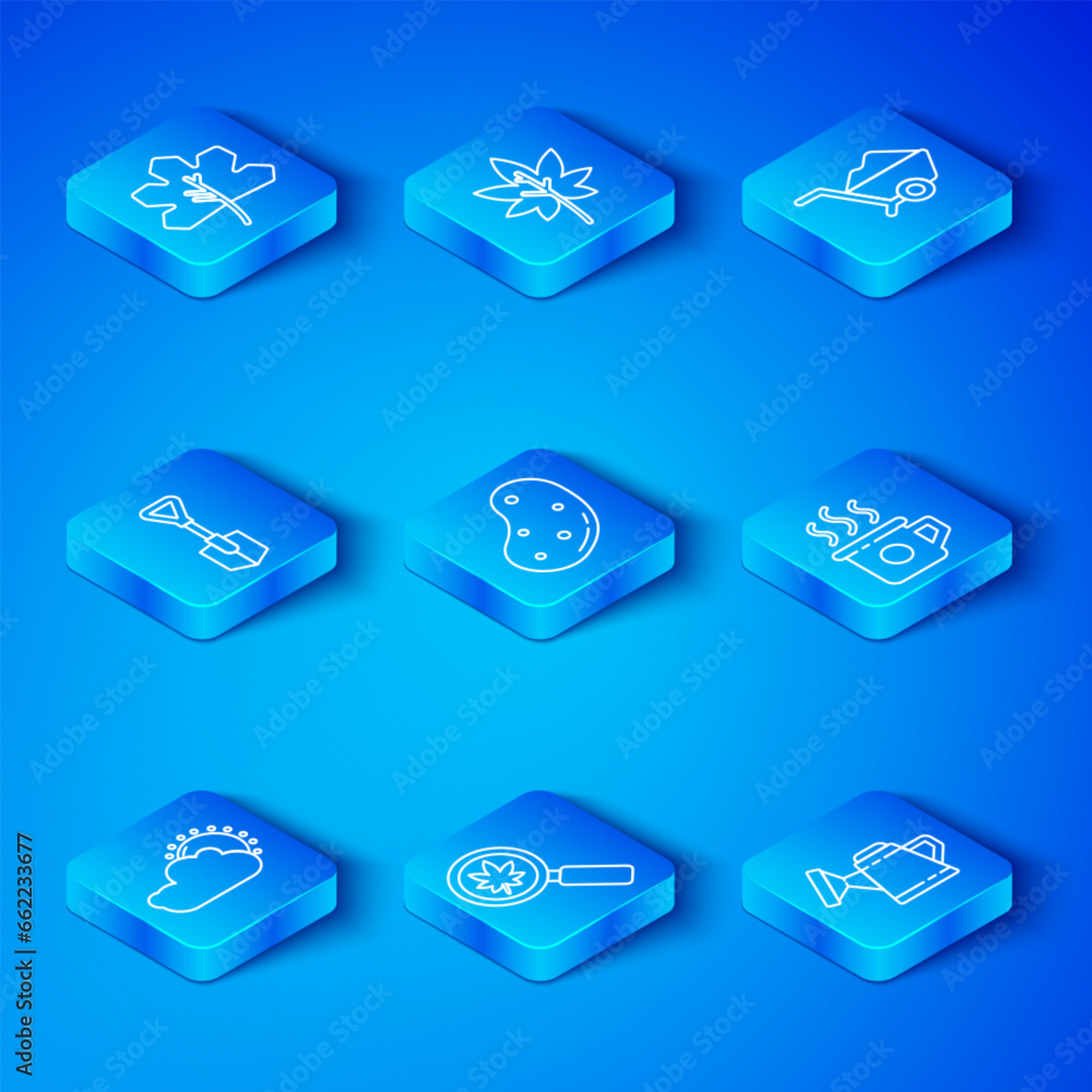 Set line Sun and cloud weather, Potato, Magnifying glass with leaf, Cup of tea, Wheelbarrow dirt, Shovel, Leaf or leaves and Watering can icon. Vector Set line Sun and cloud weather, Potato, Magnifying glass with leaf, Cup of tea, Wheelbarrow dirt, Shovel, Leaf or leaves and Watering can icon. Vector
