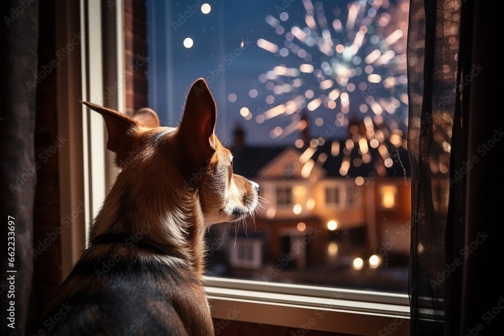 Dog looking out of the window watching fireworks - obrazy, fototapety, plakaty 