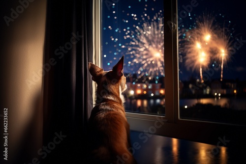Dog looking out of the window watching fireworks