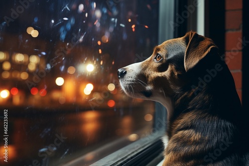 Dog looking out of a window to a nightly sky