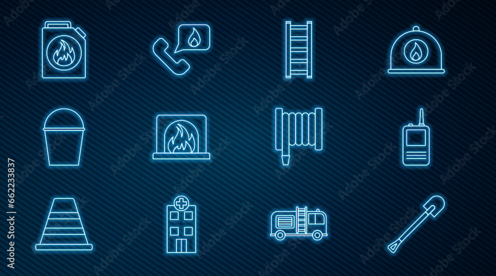 Set line Fire shovel, Walkie talkie, escape, Interior fireplace, bucket, Canister for flammable liquids, hose reel and Telephone with emergency call 911 icon. Vector Set line Fire shovel, Walkie talkie, escape, Interior fireplace, bucket, Canister for flammable liquids, hose reel and Telephone with emergency call 911 icon. Vector