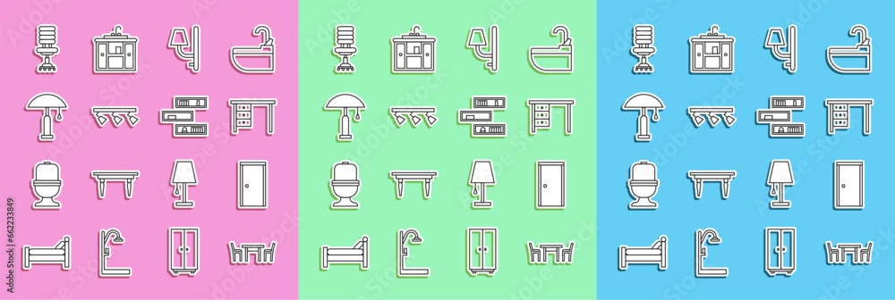 Set line Wooden table with chair, Closed door, Office desk, Wall sconce, Led track lights and lamps, Table, and Shelf books icon. Vector Set line Wooden table with chair, Closed door, Office desk, Wall sconce, Led track lights and lamps, Table, and Shelf books icon. Vector