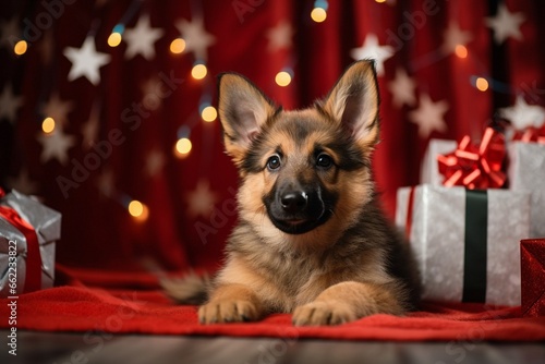German shepherd puppy dog on christmas lying between presents