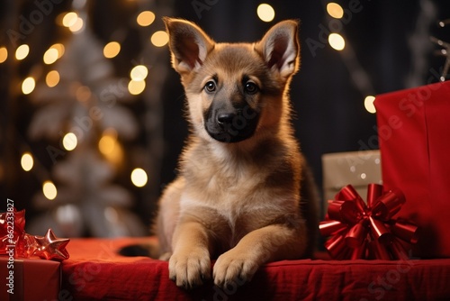 German shepherd puppy dog on christmas lying between presents © absolutimages