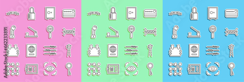 Set line Old key, Watch tower, Barbed wire, Safe, Parking car barrier, Police electric shocker, Thief eye mask and Magnifying glass Search icon. Vector
