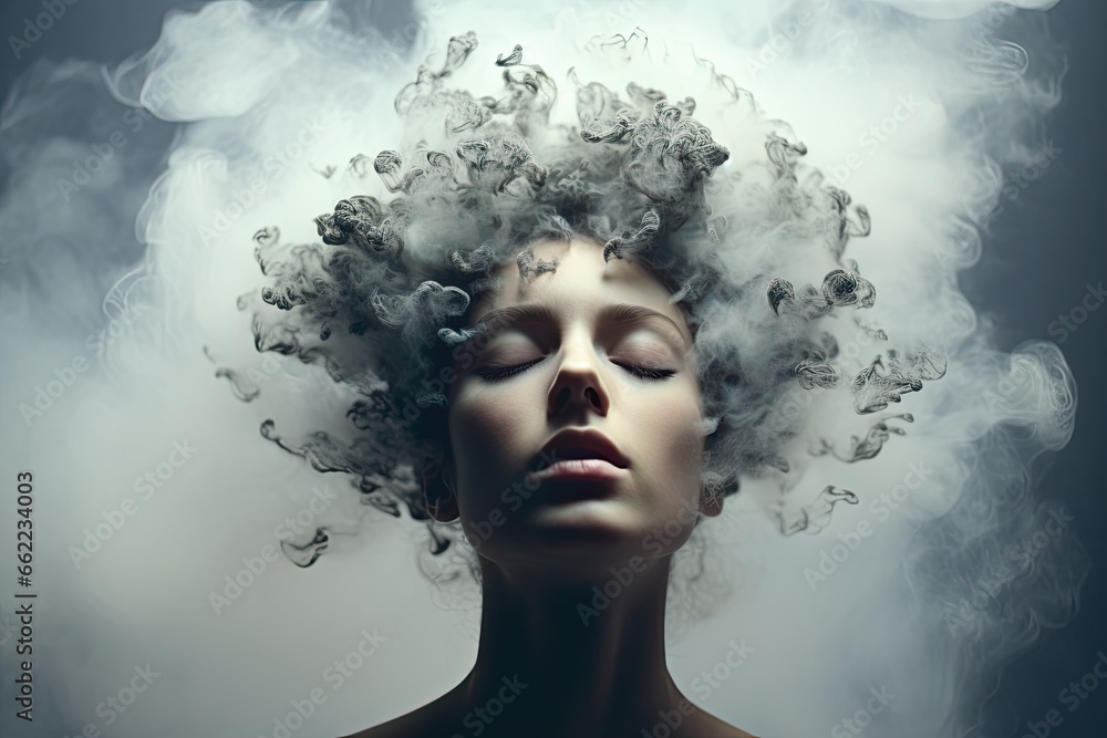 Fototapeta premium Depression and mental health concept. A woman with closed eyes has her head covered in clouds.