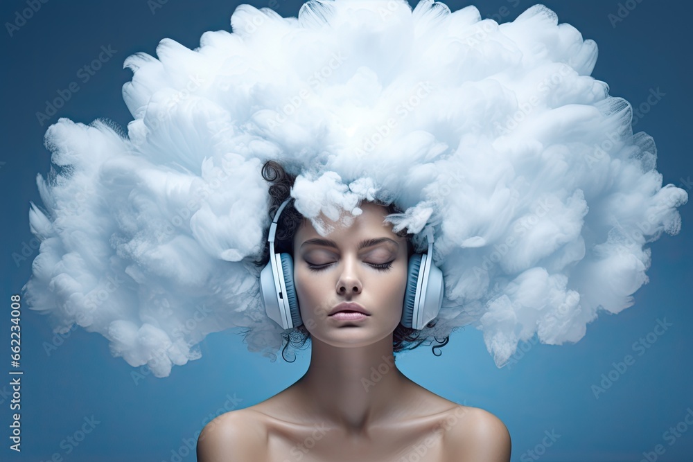 Depression and mental health concept. A woman with closed eyes has her head covered in clouds.