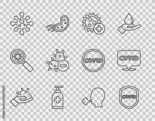 Set line Washing hands with soap, Shield protecting from virus, Positive, Bottle of liquid antibacterial, Virus, Negative, Man coughing and Corona covid-19 on location icon. Vector