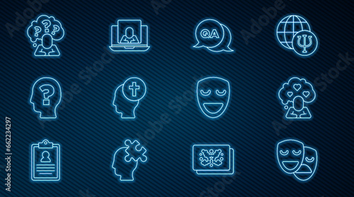 Set line Comedy and tragedy masks, Broken heart or divorce, Question Answer, Man graves funeral sorrow, Head with question mark, theatrical and Psychologist online icon. Vector