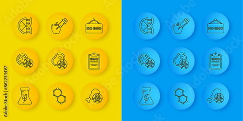Set line Test tube and flask, GMO, Genetically modified meat, Gmo research chicken, orange, No and apple icon. Vector