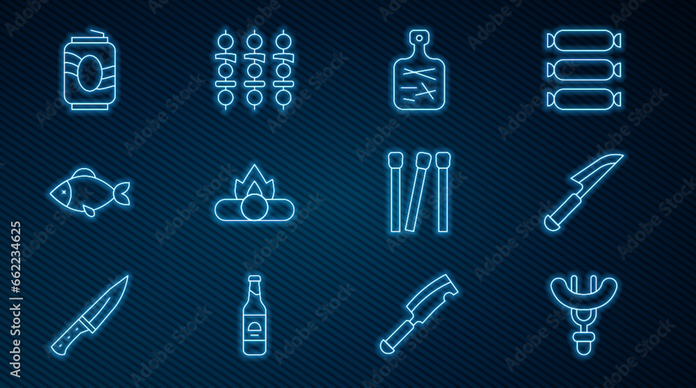 Set line Sausage on the fork, Knife, Cutting board, Campfire, Fish, Soda can, Matches and Grilled shish kebab icon. Vector Set line Sausage on the fork, Knife, Cutting board, Campfire, Fish, Soda can, Matches and Grilled shish kebab icon. Vector
