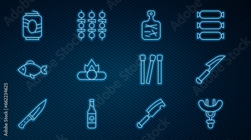 Set line Sausage on the fork, Knife, Cutting board, Campfire, Fish, Soda can, Matches and Grilled shish kebab icon. Vector