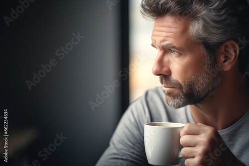 Man Contemplating - Individual against a gray backdrop with a coffee mug - Morning reflections - AI Generated
