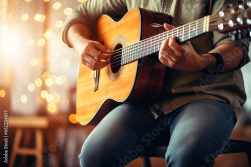 Musician Strumming - Guitarist against a rustic backdrop, playing an acoustic guitar - Soulful melodies - AI Generated