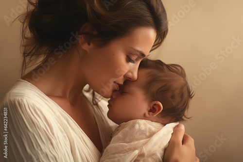 Mother Soothing - Woman against a beige backdrop, calming a crying baby - Maternal instincts - AI Generated