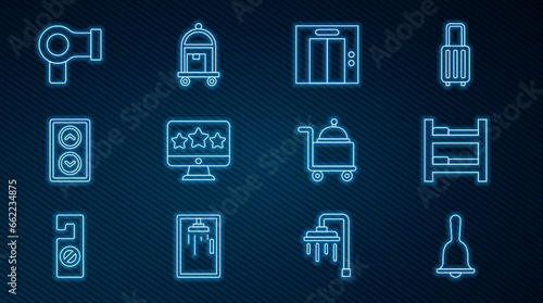 Set line Hotel service bell, room bed, Lift, Five stars rating review, Hair dryer, Covered with tray and Suitcase icon. Vector