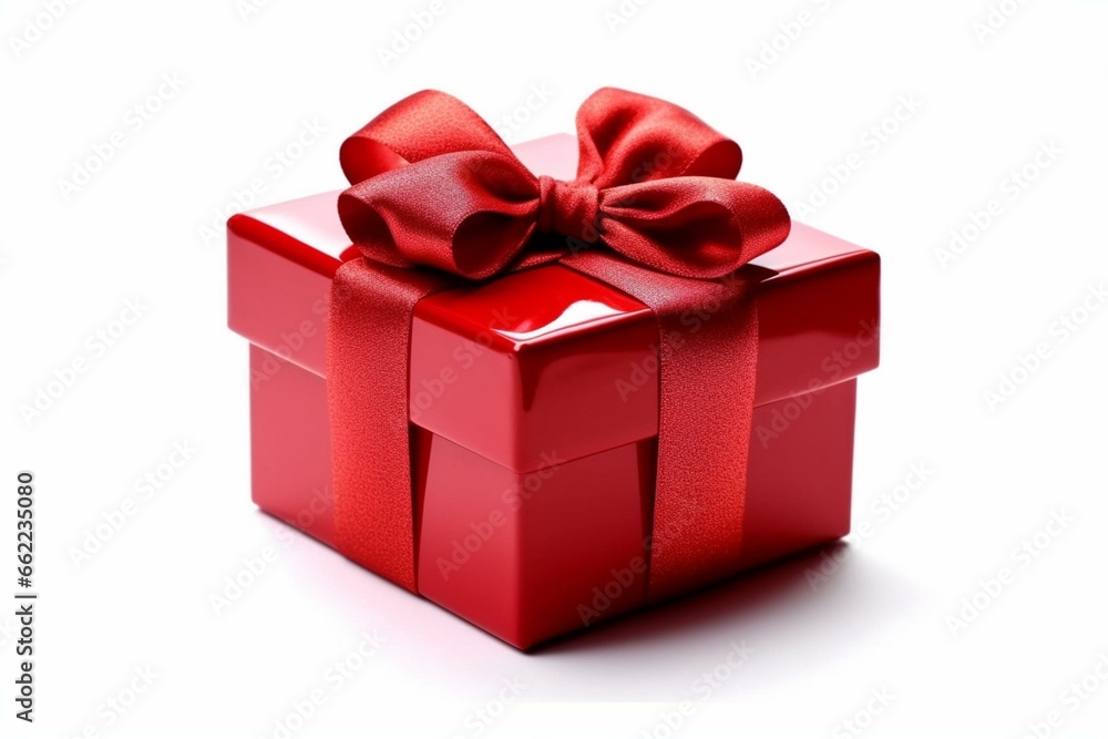Fototapeta premium Red gift box with ribbon isolated on white. Generative AI