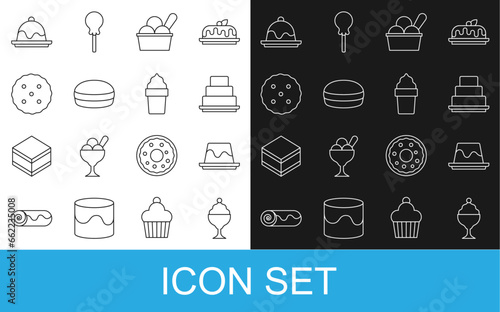 Set line Ice cream in bowl, Pudding custard, Cake, Macaron cookie, Cookie or biscuit, and waffle cone icon. Vector