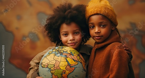 African children holding the globe in their hands. Global peace and human rights concept.