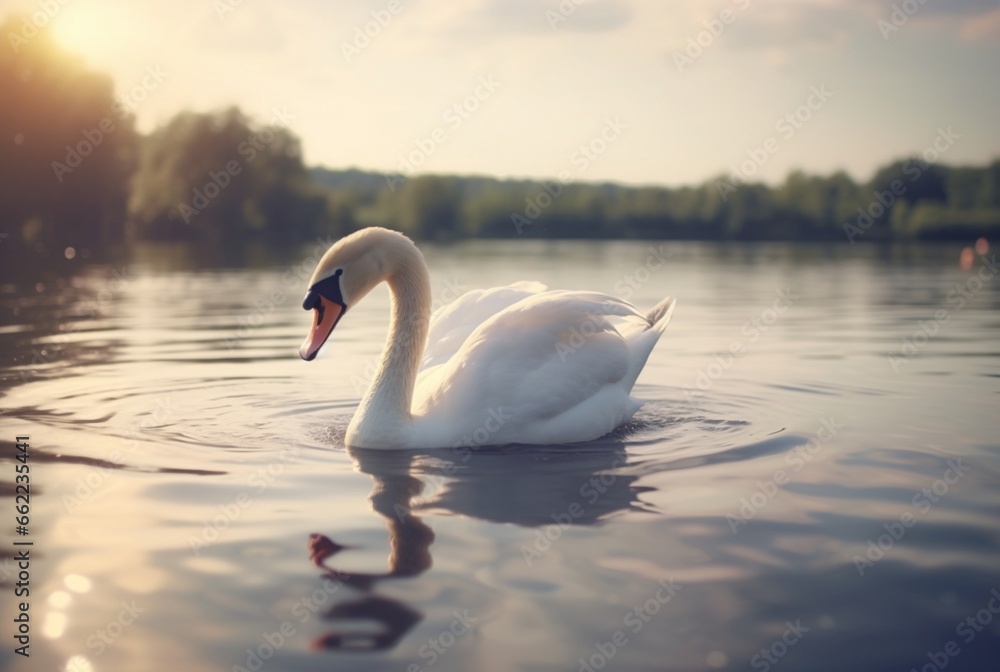 Fototapeta premium white swan swimming over river with blurred background. generative ai