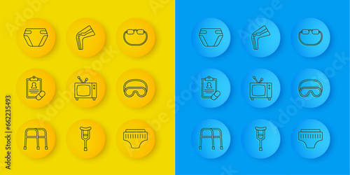 Set line Walker, Medical prescription, Retro tv, Adult diaper, Eye sleep mask, Eyeglasses and Bone pain icon. Vector
