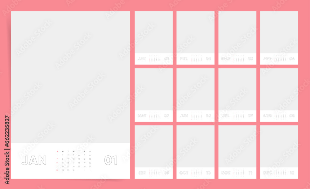 Minimalist Vertical 2024 Calendar Template. Corporate Monthly Design Layout for Yearly Planning. - obrazy, fototapety, plakaty 