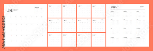 Modern 2024 Monthly Calendar Design Template. Square Monthly Pages. Sunday Start. 