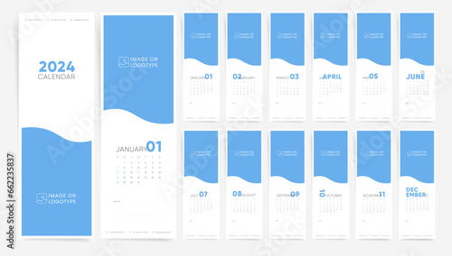 Vertical 2024 Year Calendar Template. with free space for branding or image. Modern Sunday Start Portable 2024 Calendar. 