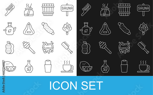 Set line Cup of tea, Sauna brush, broom, bucket, hat, Teapot with leaf, Hairbrush and Washcloth icon. Vector
