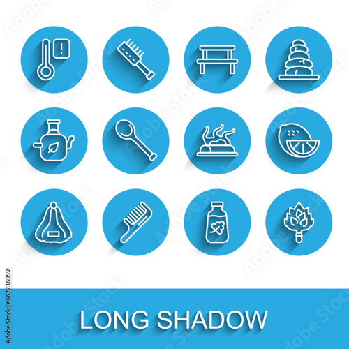 Set line Sauna hat, Hairbrush, thermometer, Essential oil bottle, broom, ladle, Lemon and Campfire icon. Vector