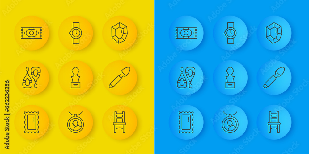 Set line Big full length mirror, Earrings, Gypsum head sculpture bust, Chair, Silver spoon, Classic carpet, Gem stone and Wrist watch icon. Vector Set line Big full length mirror, Earrings, Gypsum head sculpture bust, Chair, Silver spoon, Classic carpet, Gem stone and Wrist watch icon. Vector