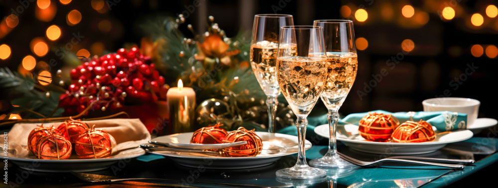 christmas table setting with champagne glasses and desserts on blurred background, presents, christmas spirit, santa clauss, familiy, tree,