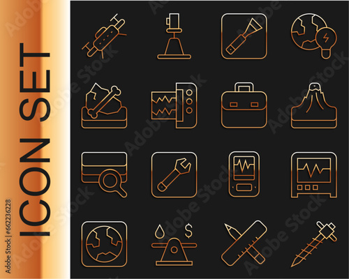 Set line Construction jackhammer, Seismograph, Volcano, Paint brush, Archeology, Drone and Briefcase icon. Vector