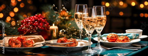 christmas table setting with champagne glasses and desserts on blurred background, presents, christmas spirit, santa clauss, familiy, tree,